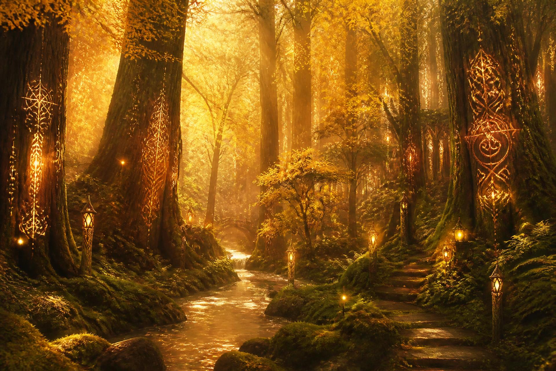 Enchanted rune-carved forest at twilight